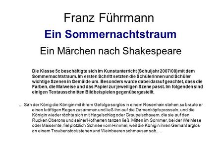 Franz Führmann Ein Sommernachtstraum Ein Märchen nach Shakespeare