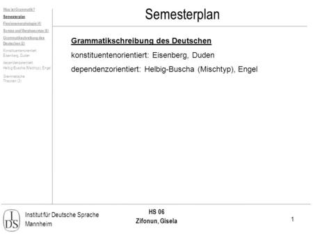 Semesterplan Grammatikschreibung des Deutschen