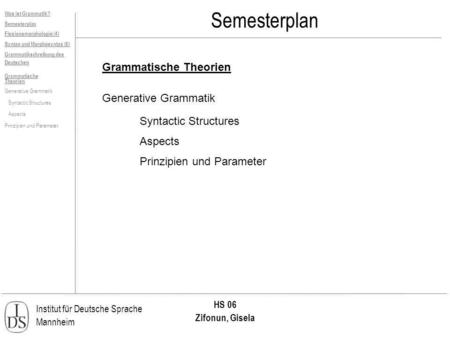 Semesterplan Grammatische Theorien Generative Grammatik
