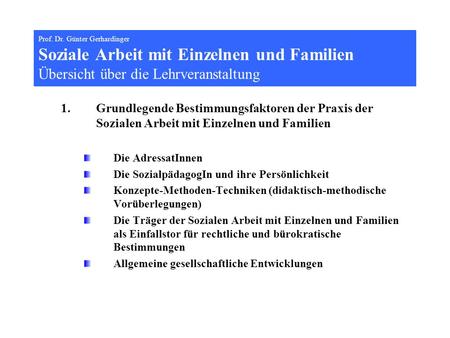 Prof. Dr. Günter Gerhardinger Soziale Arbeit mit Einzelnen und Familien Übersicht über die Lehrveranstaltung Grundlegende Bestimmungsfaktoren der Praxis.