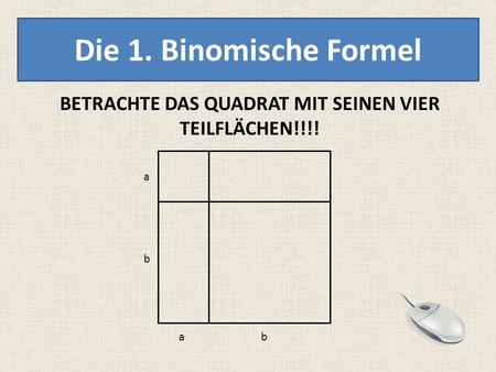 Die 1. Binomische Formel BETRACHTE DAS QUADRAT MIT SEINEN VIER TEILFLÄCHEN!!!! a b ab.