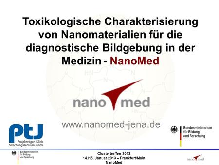 Clustertreffen 2013 14./15. Januar 2013 – Frankfurt/Main NanoMed Toxikologische Charakterisierung von Nanomaterialien für die diagnostische Bildgebung.