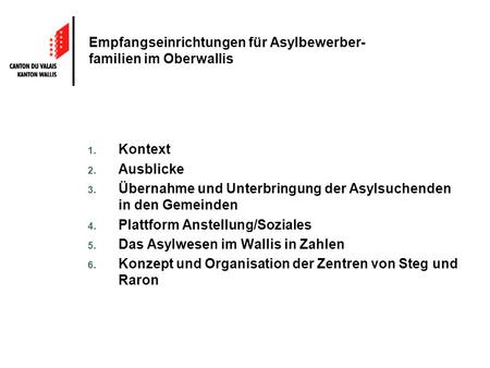 Empfangseinrichtungen für Asylbewerber- familien im Oberwallis 1. Kontext 2. Ausblicke 3. Übernahme und Unterbringung der Asylsuchenden in den Gemeinden.