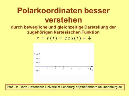 Polarkoordinaten besser verstehen durch bewegliche und gleichzeitige Darstellung der zugehörigen kartesischen Funktion t Prof. Dr. Dörte Haftendorn Universität.