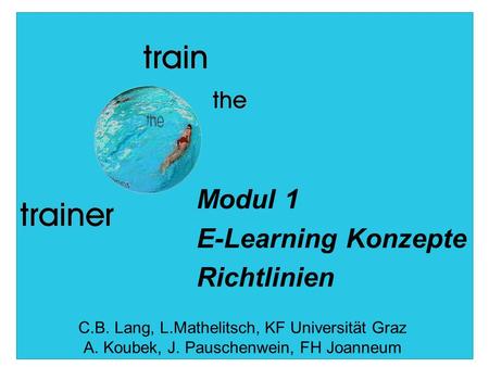 Modul 1 E-Learning Konzepte Richtlinien C.B. Lang, L.Mathelitsch, KF Universität Graz A. Koubek, J. Pauschenwein, FH Joanneum.