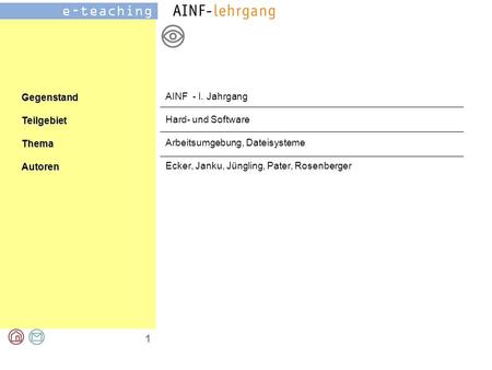 GegenstandTeilgebietThemaAutoren 1 AINF - I. Jahrgang Hard- und Software Arbeitsumgebung, Dateisysteme Ecker, Janku, Jüngling, Pater, Rosenberger.