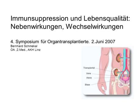Immunsuppression und Lebensqualität: Nebenwirkungen, Wechselwirkungen 4. Symposium für Organtransplantierte. 2.Juni 2007 Bernhard Schmekal OA ,2.Med.,