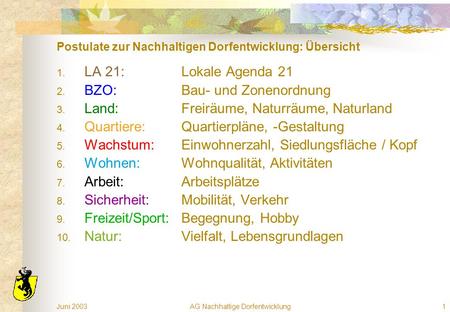 Juni 2003AG Nachhaltige Dorfentwicklung1 Postulate zur Nachhaltigen Dorfentwicklung: Übersicht 1. LA 21: Lokale Agenda 21 2. BZO: Bau- und Zonenordnung.