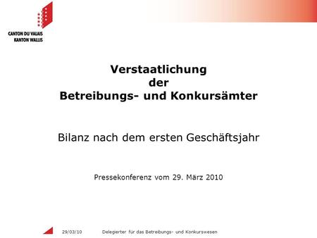 Delegierter für das Betreibungs- und Konkurswesen29/03/10 Verstaatlichung der Betreibungs- und Konkursämter Bilanz nach dem ersten Geschäftsjahr Pressekonferenz.
