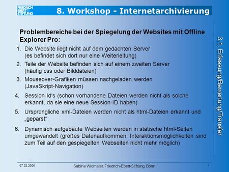 8. Workshop - Internetarchivierung 3.1. Erfassung/Bewertung/Transfer 07.02.2006 Sabine Widmaier, Friedrich-Ebert-Stiftung, Bonn 1 Problembereiche bei der.