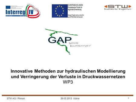 STW AG / Plimon 29.05.2013 Udine 1 Innovative Methoden zur hydraulischen Modellierung und Verringerung der Verluste in Druckwassernetzen WP3.