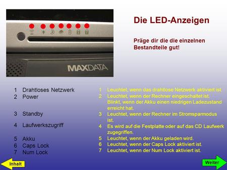 Die LED-Anzeigen 1Drahtloses Netzwerk 2Power 3Standby 4Laufwerkszugriff 5Akku 6Caps Lock 7Num Lock 1Leuchtet, wenn das drahtlose Netzwerk aktiviert ist.
