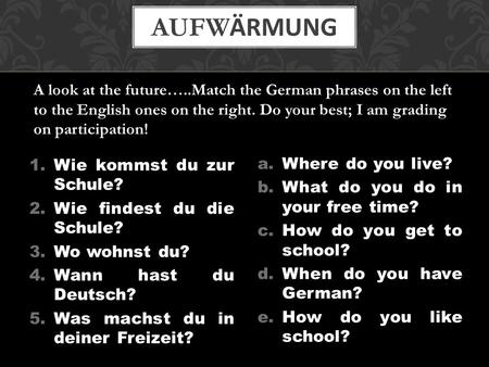 AufwÄrmung A look at the future…..Match the German phrases on the left to the English ones on the right. Do your best; I am grading on participation! Wie.