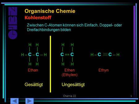 Organische Chemie Kohlenstoff C == C Gesättigt Ungesättigt