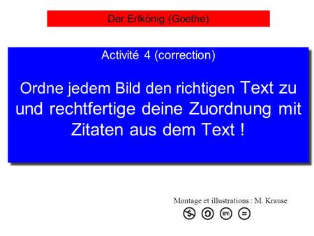 Der Erlkönig (Goethe) Activité 4 (correction) Ordne jedem Bild den richtigen Text zu und rechtfertige deine Zuordnung mit Zitaten aus dem Text ! Montage.