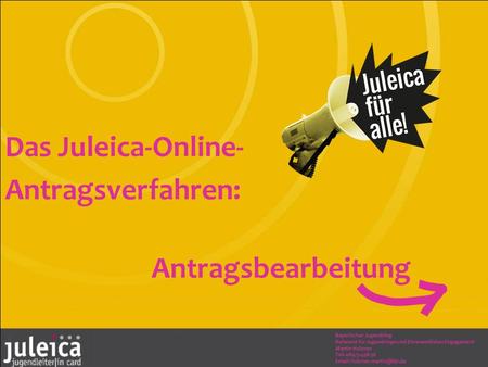 Das Juleica-Online- Antragsverfahren: Antragsbearbeitung Bayerischer Jugendring Referent für Jugendringe und Ehrenamtliches Engagement Martin Holzner Tel: