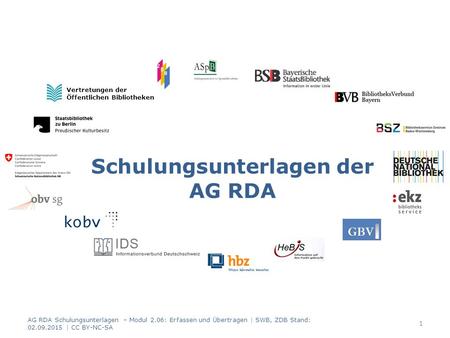 Schulungsunterlagen der AG RDA Vertretungen der Öffentlichen Bibliotheken 1 AG RDA Schulungsunterlagen – Modul 2.06: Erfassen und Übertragen | SWB, ZDB.
