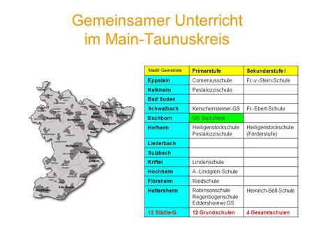Gemeinsamer Unterricht im Main-Taunuskreis Stadt/ Gemeinde PrimarstufeSekundarstufe I EppsteinComeniusschuleFr.-v.-Stein-Schule KelkheimPestalozzischule.