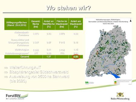 Wo stehen wir?  Weiterführung AuT  Biosphärengebiet Südschwarzwald  Ausweisung von 2500 ha Bannwald (bis 2020) Stilllegungsflächen (Stand: 25.6.2015)