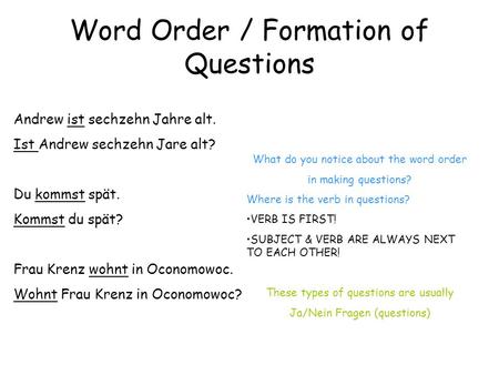 Word Order / Formation of Questions
