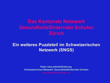 Das Kantonale Netzwerk Gesundheitsfördernder Schulen Zürich Ein weiteres Puzzleteil im Schweizerischen Netzwerk (SNGS) Radix Gesundheitsförderung Schweizerisches.
