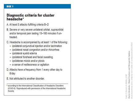 Gaul, C; Diener, H; Müller, O M Cluster Headache: Clinical Features and Therapeutic Options Dtsch Arztebl Int 2011; 108(33): 543-9; DOI: 10.3238/arztebl.2011.0543.