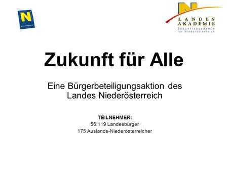 Zukunft für Alle Eine Bürgerbeteiligungsaktion des Landes Niederösterreich TEILNEHMER: 56.119 Landesbürger 175 Auslands-Niederösterreicher.