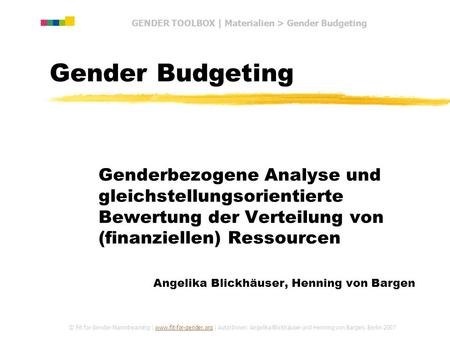 GENDER TOOLBOX | Materialien > Gender Budgeting