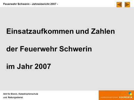 Feuerwehr Schwerin - Jahresbericht 2007 - Amt für Brand-, Katastrophenschutz und Rettungsdienst Einsatzaufkommen und Zahlen der Feuerwehr Schwerin im Jahr.