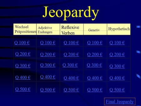 Jeopardy Reflexive Verben Q 100 € Q 100 € Q 100 € Q 100 € Q 100 €
