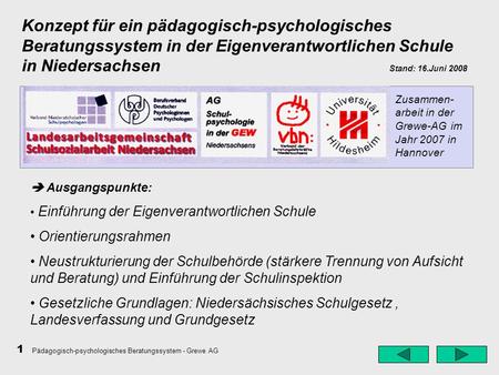 1 Konzept für ein pädagogisch-psychologisches Beratungssystem in der Eigenverantwortlichen Schule in Niedersachsen Stand: 16.Juni 2008 Ausgangspunkte: