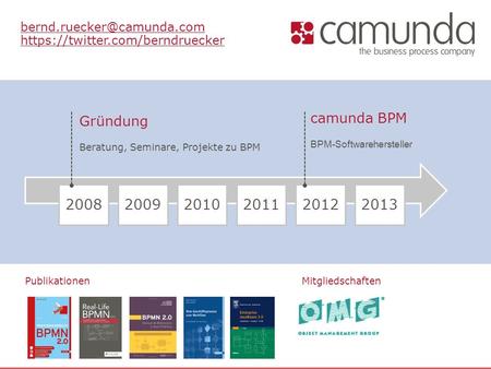 201320122011201020092008 Gründung Beratung, Seminare, Projekte zu BPM camunda BPM BPM-Softwarehersteller PublikationenMitgliedschaften