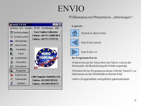 ENVIO 0 Willkommen zur Präsentation Abholungen: Zurück zu dieser Seite Eine Folie zurück Legende: Im Programm Envio: Fahren Sie mit der Maus über ein.