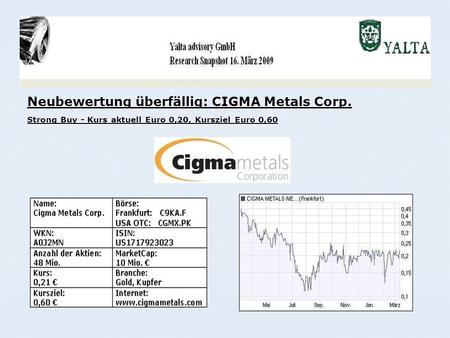Neubewertung überfällig: CIGMA Metals Corp. Strong Buy - Kurs aktuell Euro 0,20, Kursziel Euro 0,60.