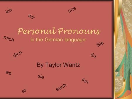 Personal Pronouns in the German language By Taylor Wantz ich du er es Sie wir uns ihn dich sie mich euch.