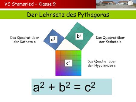 a2 + b2 = c2 Der Lehrsatz des Pythagoras VS Stamsried – Klasse 9 b2 a2