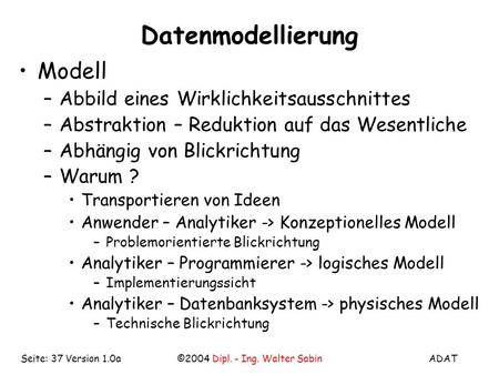ADAT©2004 Dipl. - Ing. Walter SabinSeite: 37 Version 1.0a Datenmodellierung Modell –Abbild eines Wirklichkeitsausschnittes –Abstraktion – Reduktion auf.
