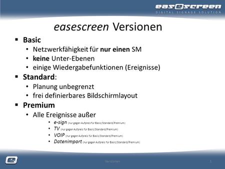 easescreen Versionen Basic Standard: Premium