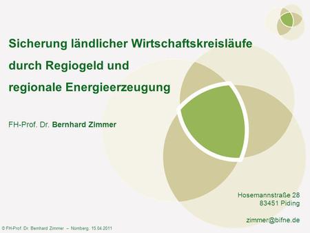 © FH-Prof. Dr. Bernhard Zimmer – Nürnberg, 15.04.2011 Sicherung ländlicher Wirtschaftskreisläufe durch Regiogeld und regionale Energieerzeugung Hosemannstraße.