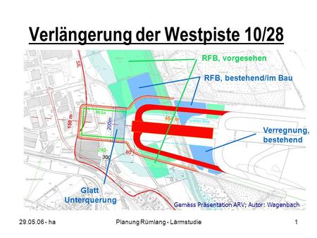 29.05.06 - haPlanung Rümlang - Lärmstudie1 Verlängerung der Westpiste 10/28 Gemäss Präsentation ARV; Autor: Wagenbach RFB, bestehend/im Bau Verregnung,