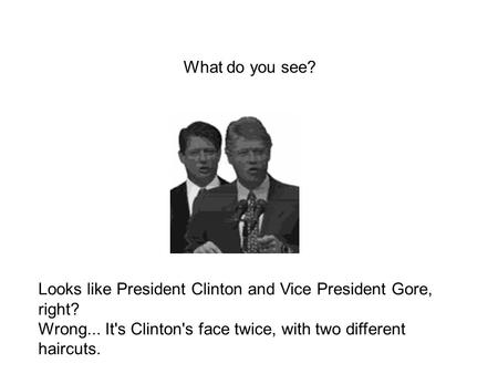 What do you see? Looks like President Clinton and Vice President Gore, right? Wrong... It's Clinton's face twice, with two different haircuts.