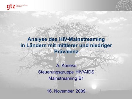 Analyse des HIV-Mainstreaming in Ländern mit mittlerer und niedriger Prävalenz A. Köneke Steuerungsgruppe HIV/AIDS Mainstreaming B1 16. November 2009.