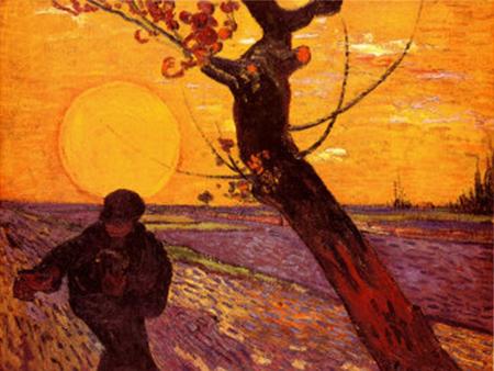 Standbild vor Vortrag: Sonne mit Sämann von Vincent van Gogh.