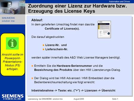 Zuordnung einer Lizenz zur Hardware bzw. Erzeugung des License Keys