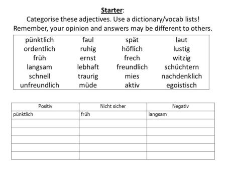 Starter: Categorise these adjectives. Use a dictionary/vocab lists! Remember, your opinion and answers may be different to others. PositivNicht sicherNegativ.