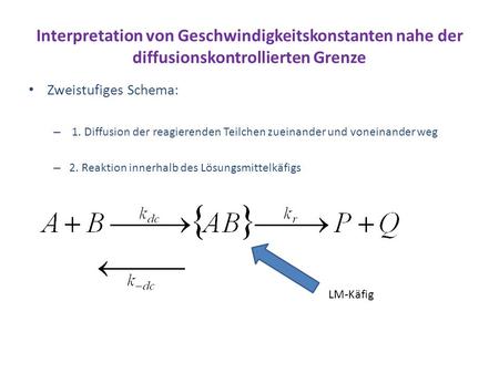 Interpretation von Geschwindigkeitskonstanten nahe der diffusionskontrollierten Grenze Zweistufiges Schema: 1. Diffusion der reagierenden Teilchen zueinander.