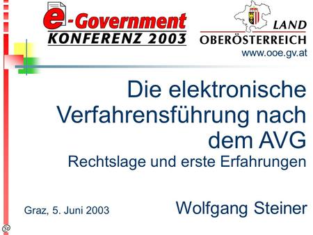 Die elektronische Verfahrensführung nach dem AVG Rechtslage und erste Erfahrungen www.ooe.gv.at Graz, 5. Juni 2003 Wolfgang Steiner.