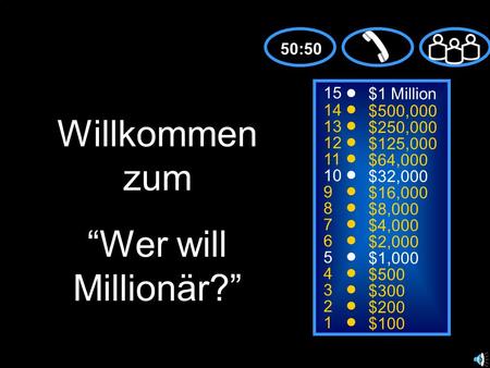 Willkommen zum “Wer will Millionär?” 50:50 15 $1 Million 14 $500,000