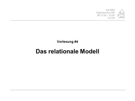 SS 2004 Datenbanken 4W Mi 13:30 – 15:00 G 2.30 Vorlesung #4 Das relationale Modell.