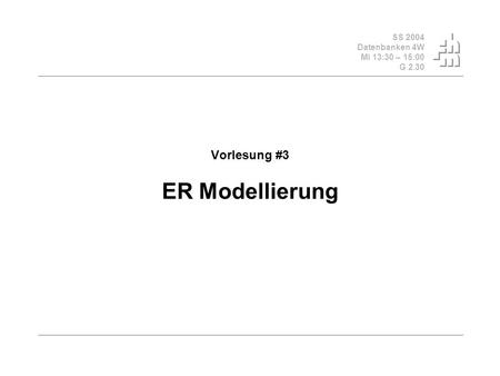SS 2004 Datenbanken 4W Mi 13:30 – 15:00 G 2.30 Vorlesung #3 ER Modellierung.